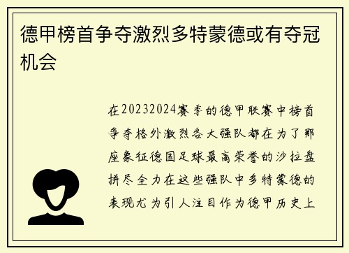 德甲榜首争夺激烈多特蒙德或有夺冠机会
