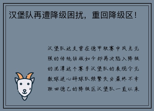 汉堡队再遭降级困扰，重回降级区！